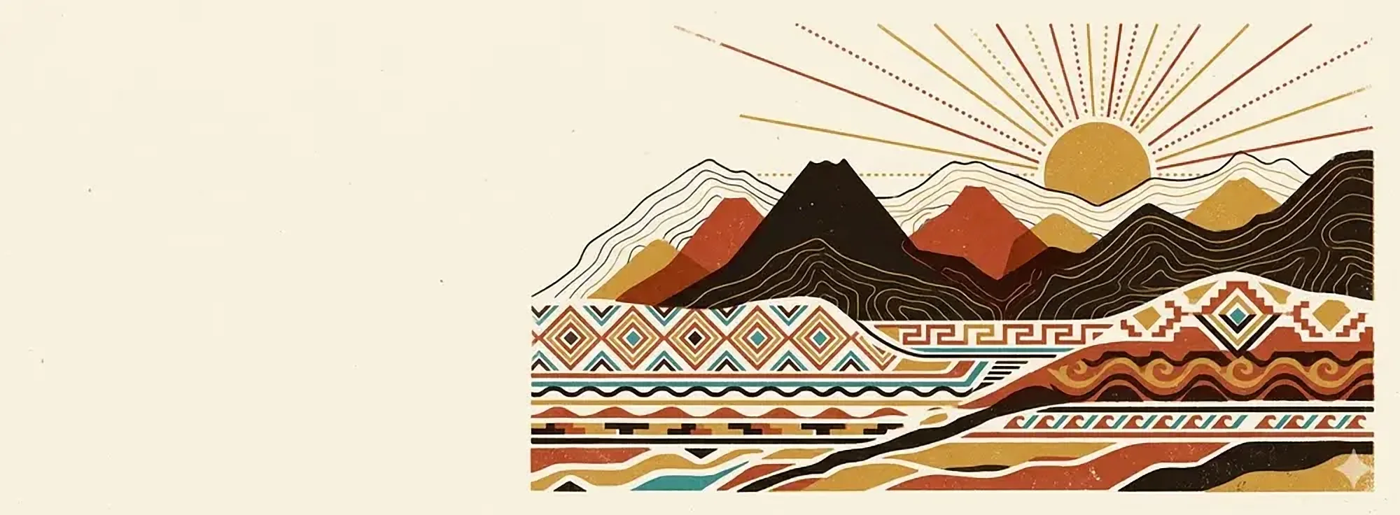 Ilustración del altiplano de Arica y Parinacota: volcanes, sol naciente y textiles aymara