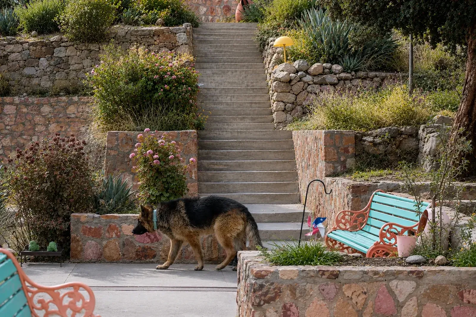 Sultán, el perro de la casa, en el jardín en terrazas de piedra del Hotel Las Vicuñas