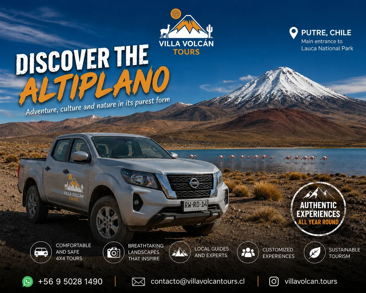 Discover the Altiplano: Villa Volcán Tours 4×4 truck by a lagoon with flamingos and a snow-capped volcano, Putre, Chile