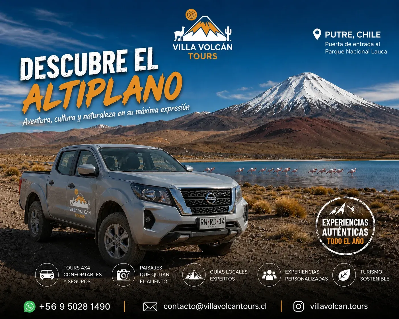 Descubre el Altiplano: camioneta 4×4 de Villa Volcán Tours frente a laguna con flamencos y volcán nevado, Putre, Chile